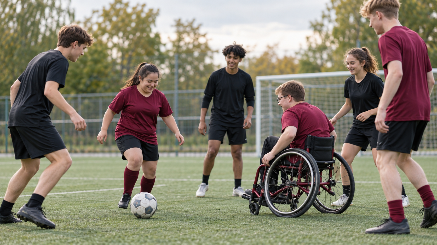 Jugendliche und junge Erwachsene spielen gemeinsam Fußball, eine Person nutzt einen Sportrollstuhl