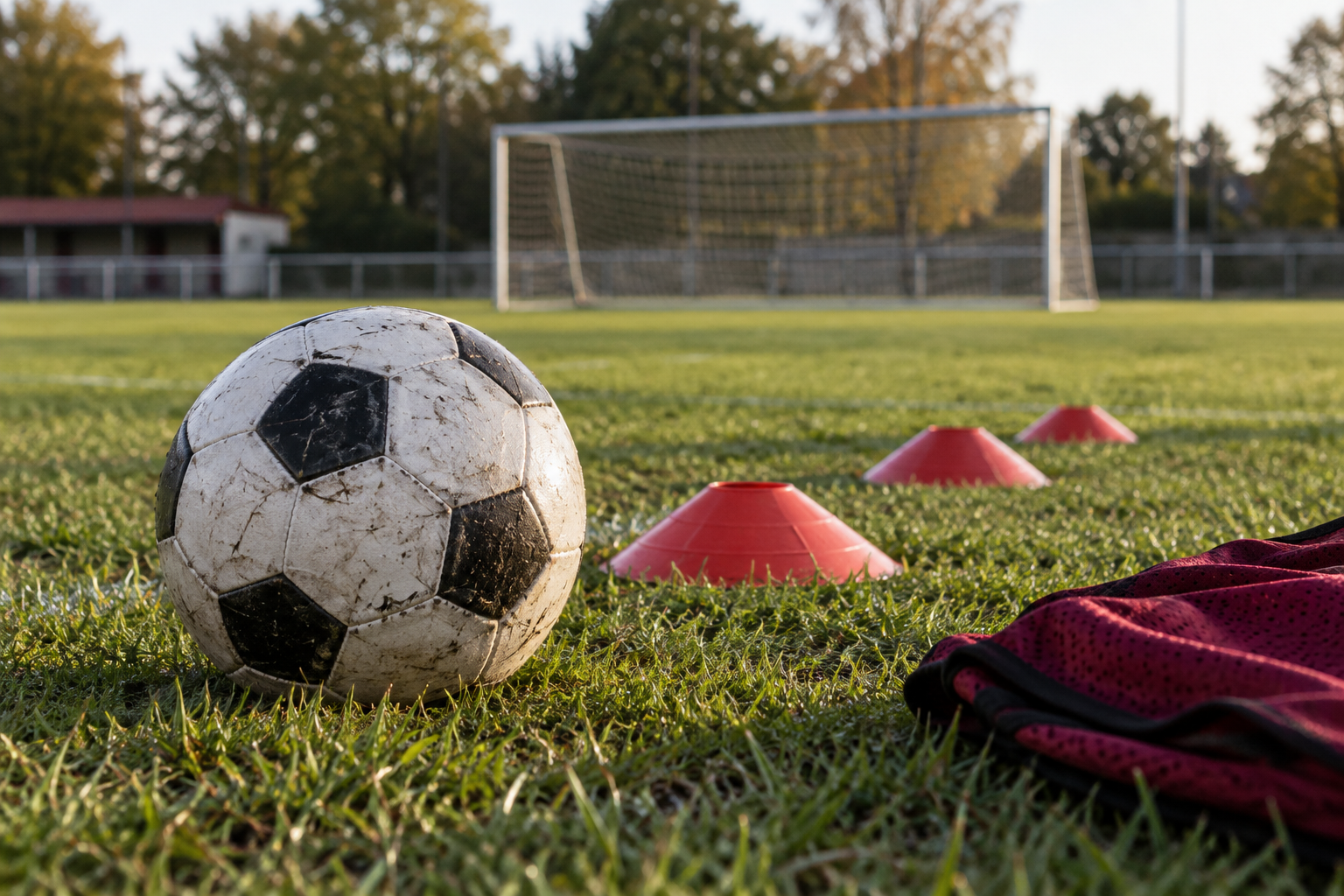 Fußball, rote Trainingshütchen und ein dunkelrotes Leibchen auf dem Rasen